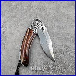 Japanese Damascus steel folding tactical pocket surviva knife with leather case