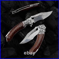 Japanese Damascus steel folding tactical pocket surviva knife with leather case