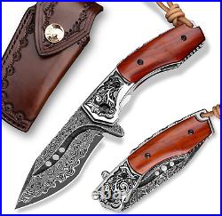 Japanese Handmade Damascus Steel Folding Pocket Knife with Leather Sheath, Liner