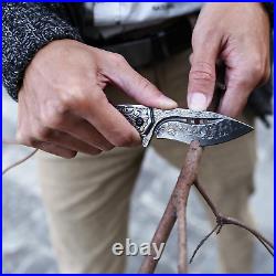 Japanese Handmade Damascus Steel Folding Pocket Knife with Leather Sheath, Liner