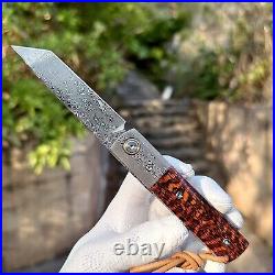 Japanese Handmade Folding Knife Knives Damascus Snake Wood Handle Tactical EDC