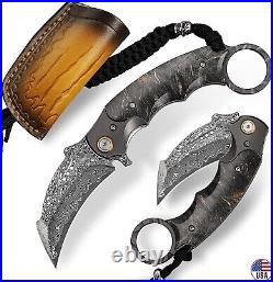 Japanese Handmade Folding Knife Knives Damascus Steel Claw Hawkbill Tactical EDC