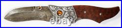 Jot Singh Folding Damascus Custom Knife Snakewood Handle Tigereye Accents