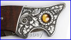 Jot Singh Folding Damascus Custom Knife Snakewood Handle Tigereye Accents