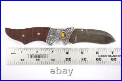 Jot Singh Folding Damascus Custom Knife Snakewood Handle Tigereye Accents