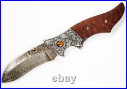 Jot Singh Khalsa Damascus Folding Knife Snakewood Handle Tigereye Accents
