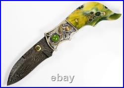 Jot Singh Warenski Engraved Damascus Knife Ocean Jasper Handle Gold Inlays