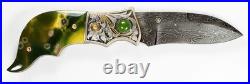 Jot Singh Warenski Engraved Damascus Knife Ocean Jasper Handle Gold Inlays