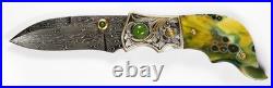 Jot Singh Warenski Engraved Damascus Knife Ocean Jasper Handle Gold Inlays