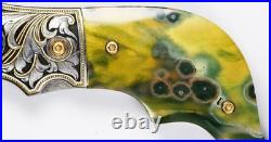 Jot Singh Warenski Engraved Damascus Knife Ocean Jasper Handle Gold Inlays