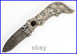 Jot Singh Warenski Engraved Folding Damascus Custom Knife Onyx Accents
