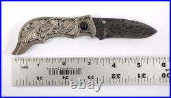 Jot Singh Warenski Engraved Folding Damascus Custom Knife Onyx Accents