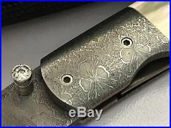 Junko Fong Custom Small Folding Knife Damascus Blade Gold Mother Of Pearl Handle