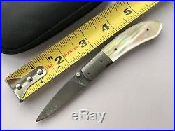 Junko Fong Custom Small Folding Knife Damascus Blade Gold Mother Of Pearl Handle