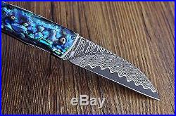 KUBEY Damascus Gentleman s Folding Pocket Knife Abalone Handle with Leather