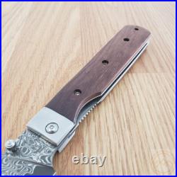 Kanetsune Gaku Style Folding Knife 4.5 Damascus Steel Blade Rosewood Handle