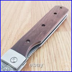 Kanetsune Gaku Style Folding Knife 4.5 Damascus Steel Blade Rosewood Handle