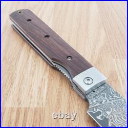 Kanetsune Gaku Style Folding Knife 4.5 Damascus Steel Blade Rosewood Handle