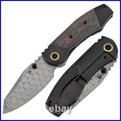 Kansept Caveman Folding Knife BW Ti/80's CamoCarbon Handle Damascus K1110B3