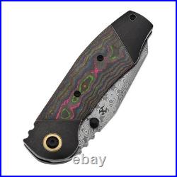 Kansept Caveman Folding Knife BW Ti/80's CamoCarbon Handle Damascus K1110B3