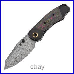 Kansept Caveman Folding Knife BW Ti/80's CamoCarbon Handle Damascus K1110B3