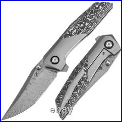 Kansept Deadite Folding Knife Ti/Black/White CF Handle Damascus Plain K1081A1