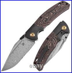 Kansept Knives Folding Knife 3.63 Damascus Steel Blade Titanium/Carbon F Inlay