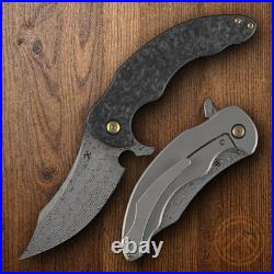 Kansept Knives Folding Knife 3.75 Damascus Steel Blade Shred CF/Titanium Handle