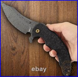 Kansept Knives Folding Knife 3.75 Damascus Steel Blade Shred CF/Titanium Handle