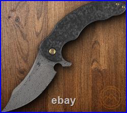 Kansept Knives Folding Knife 3.75 Damascus Steel Blade Shred CF/Titanium Handle