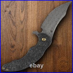 Kansept Knives Folding Knife 3.75 Damascus Steel Blade Shred CF/Titanium Handle