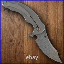 Kansept Knives Folding Knife 3.75 Damascus Steel Blade Shred CF/Titanium Handle