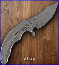 Kansept Knives Folding Knife 3.75 Damascus Steel Blade Shred CF/Titanium Handle