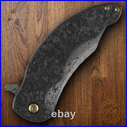 Kansept Knives Folding Knife 3.75 Damascus Steel Blade Shred CF/Titanium Handle