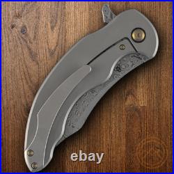 Kansept Knives Folding Knife 3.75 Damascus Steel Blade Shred CF/Titanium Handle