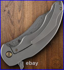 Kansept Knives Folding Knife 3.75 Damascus Steel Blade Shred CF/Titanium Handle