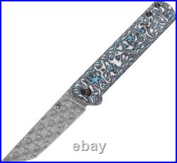 Kansept Knives Foosa Slip Joint Blue & White CF Folding Damascus Knife 2020T2