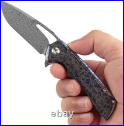 Kansept Knives Mini Kryo Framelock Blue Titanium Folding Damascus Knife 2001S2