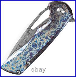 Kansept Knives Mini Kryo Framelock Blue Titanium Folding Damascus Knife 2001S2
