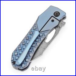 Kansept Loki Folding Knife Blue Frag Titanium Handle Damascus Drop Point K1058B7