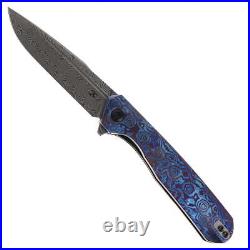 Kansept Qilin Folding Knife Blue Timascus Handle Damascus Plain Edge K1047A4