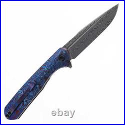 Kansept Qilin Folding Knife Blue Timascus Handle Damascus Plain Edge K1047A4