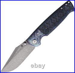 Kansept Shikari Folding Knife Black/Blue CF Handle Damascus Plain Edge K1027A7