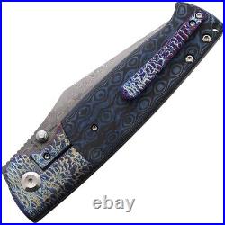 Kansept Shikari Folding Knife Black/Blue CF Handle Damascus Plain Edge K1027A7