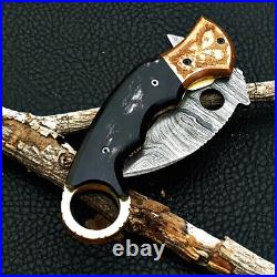 Karambit Pocket Folding Knife Damascus steel Blade Copper Bolster Bone Handle