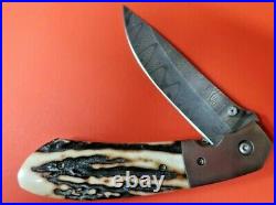 Keith Coleman Los Lunas New Mexico Custom Damascus + STAG Folding Knife -S