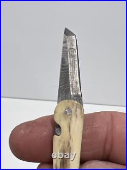 Kelgin (Ken Largin) Damascus & Stag Friction Folder Tanto Mini Knife