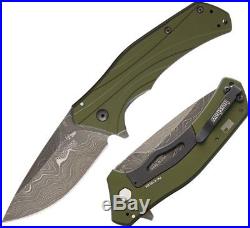 Kershaw Knockout Folding Knife 3.5 Damascus Steel Blade Green Aluminum Handle