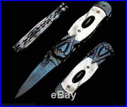 Knife Fold Dagger Damascus Steel White Pearl Steel Niche Jade Antique New Real