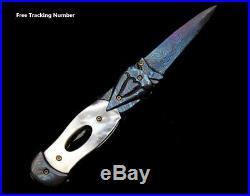 Knife Fold Dagger Damascus Steel White Pearl Steel Niche Jade Antique New Real